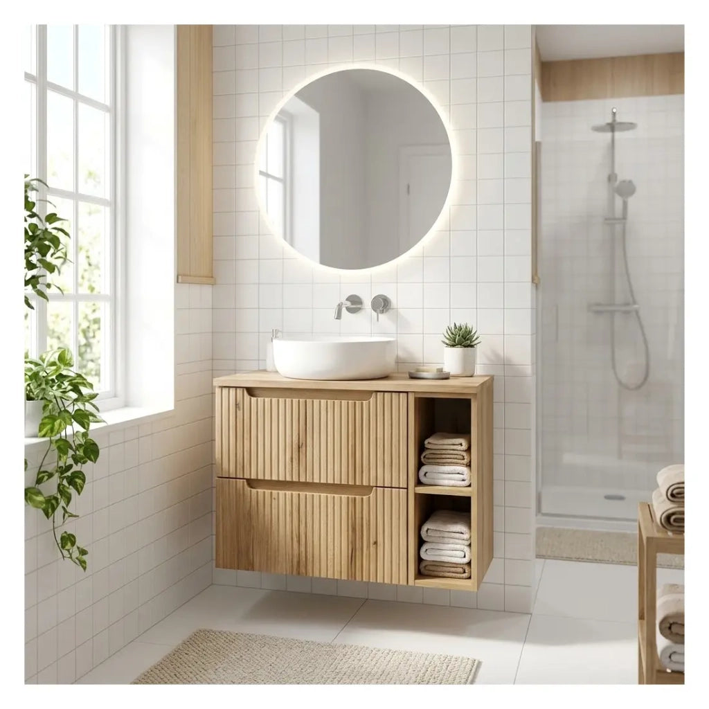 Insieme VANO rovere chiaro 80cm: mobile sottolavabo con cassetti e nicchie a vista + piano per lavabo + colonna