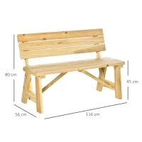 Panchina da Giardino in Legno 2 Posti a Doghe con Schienale Alto, 116x56x80cm, Colore Naturale