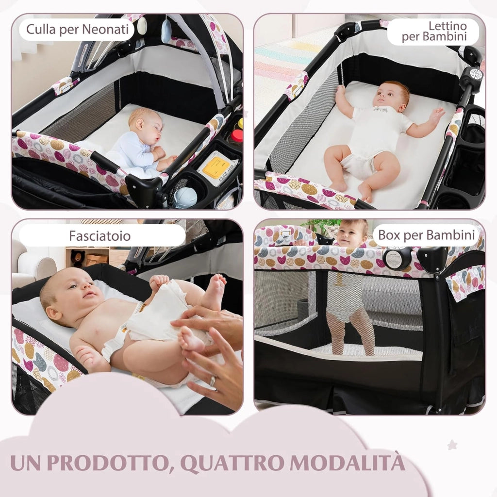 4 in 1 Lettino da Campeggio con Fasciatoio, Lettino Pieghevole per Bambini con Materasso, Centro Neonati con Culla, Box Musicale, Cappottina Regolabile, Borsa da Viaggio (Cuore)