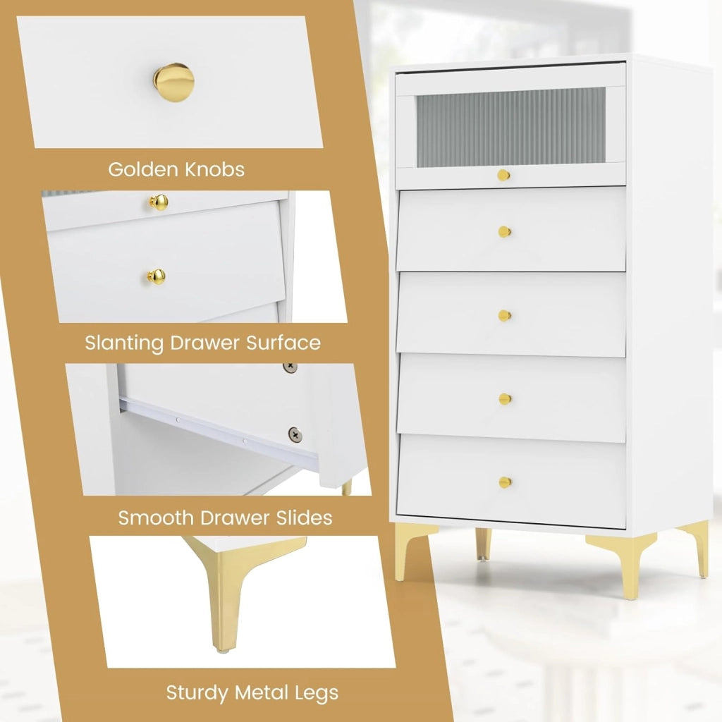 Cassettiera con 4 cassetti e porta in vetro apribile, credenza in legno con gambe in metallo, armadietto da pavimento autoportante con protezione antiribaltamento, moderno mobile da soggiorno