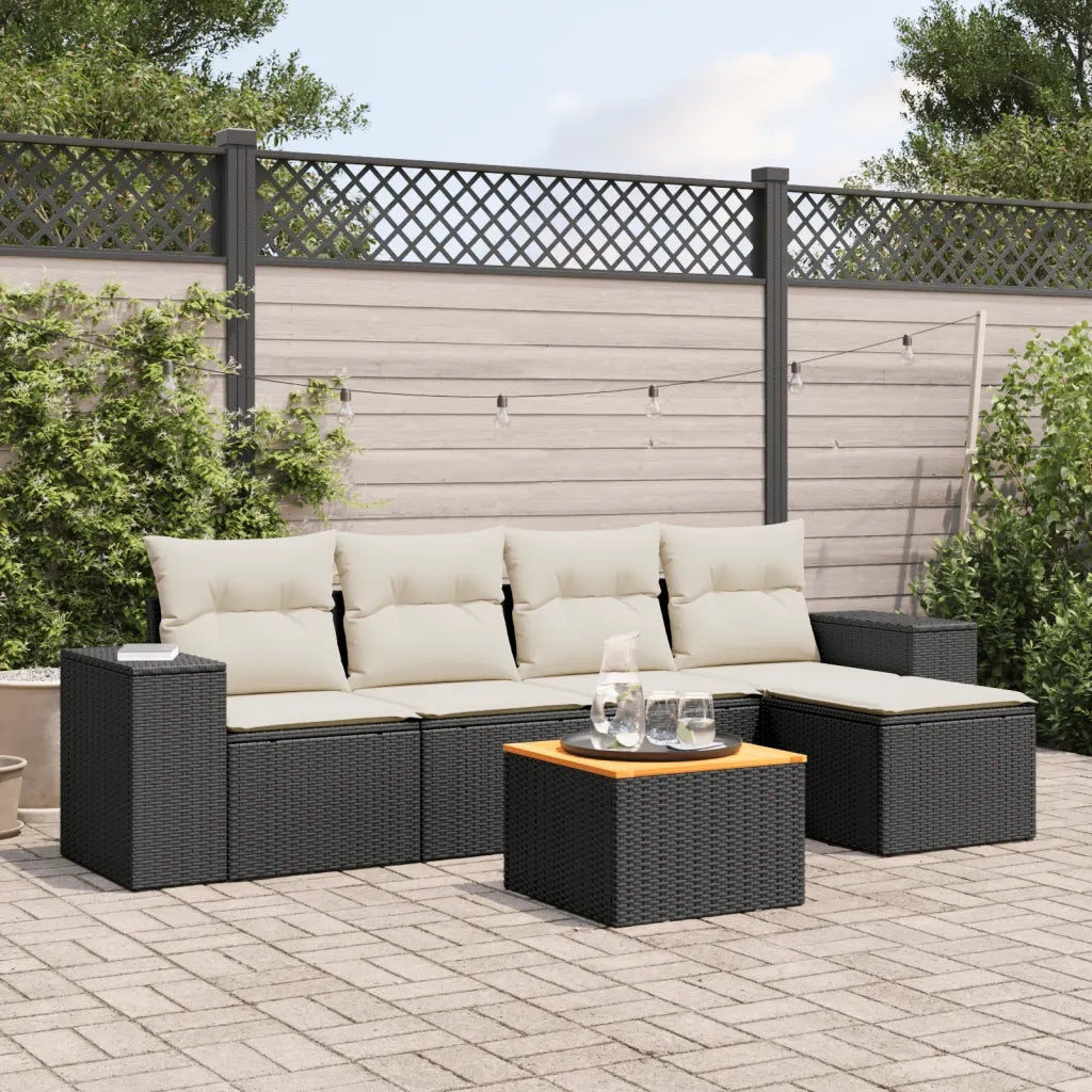 Set Divano da Giardino 6 pz | Set Salotto da Giardino con Cuscini Nero in Polyrattan