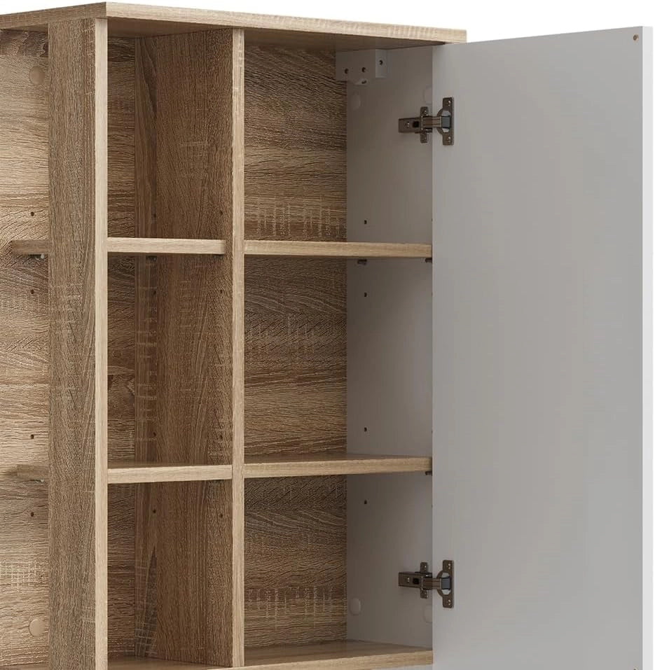 Mobile bagno Karen, Sonoma/Bianco, 50 x 75 cm con anta e vani a giorno, per montaggio a parete con vani a giorno e vani chiusi
