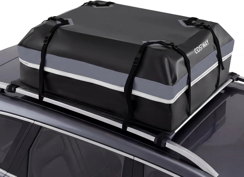 Borsa da Tetto per Auto, Box Portapacchi con Impermeabile e Alta Adattabilità, Baule con Tappetino Antiscivolo, Striscie Riflettenti, Lucchetto e 8 Corde di Fissaggio (450 L,Grigio)