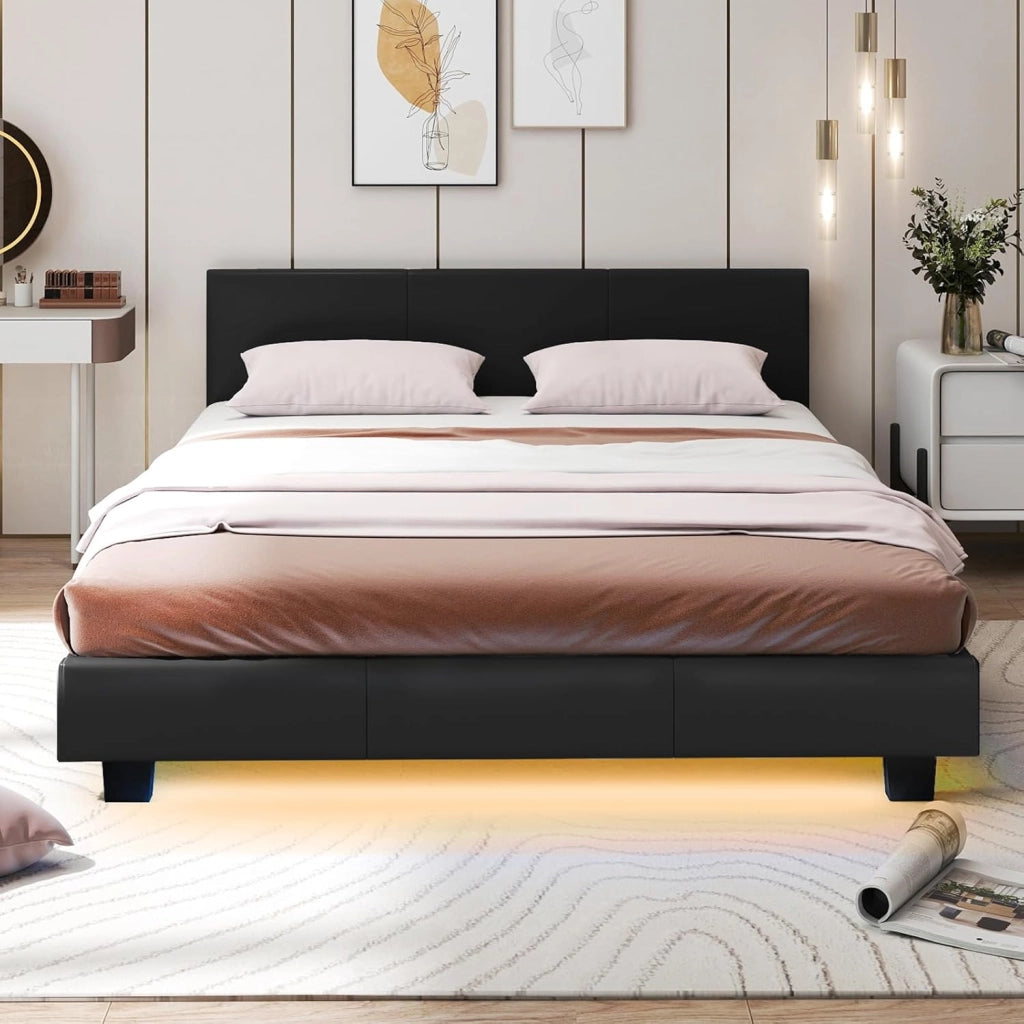 Letto Matrimoniale in Legno, Struttura per Letto Con Testiera Imbottita Luce LED Multicolore e Telecomando, Carico 200 kg, Silenzioso (Grigio)