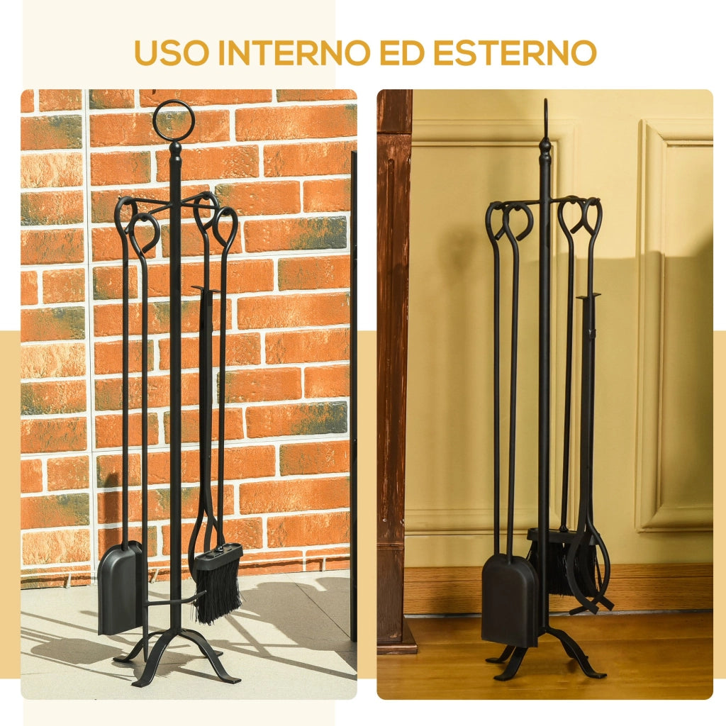 Easycomfort Set 5 Attrezzi per Camino Base con Attizzatoio, Pinza, Paletta e Scopa 20x20x82.5cm, Nero