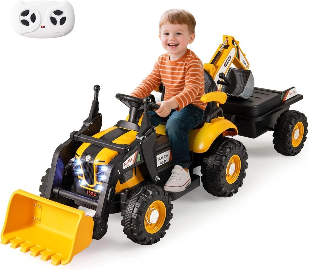 4 in 1 Trattore Elettrico per Bambini, Trattore Cavalcabile per Bambini 3-8 Anni con Telecomando Rimorchio e Cucchiaia Staccabile, Velocità Regolabile, Doppi Motori (Verde)