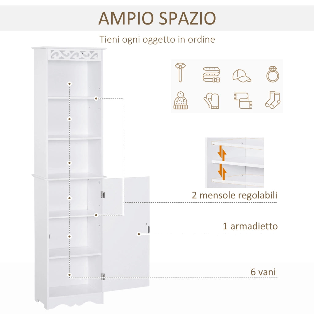 Mobiletto Bagno a Torre 3 Ripiani Regolabili e Armadietto ¨C zephmum ¨C MDF Bianco 40x23x160cm