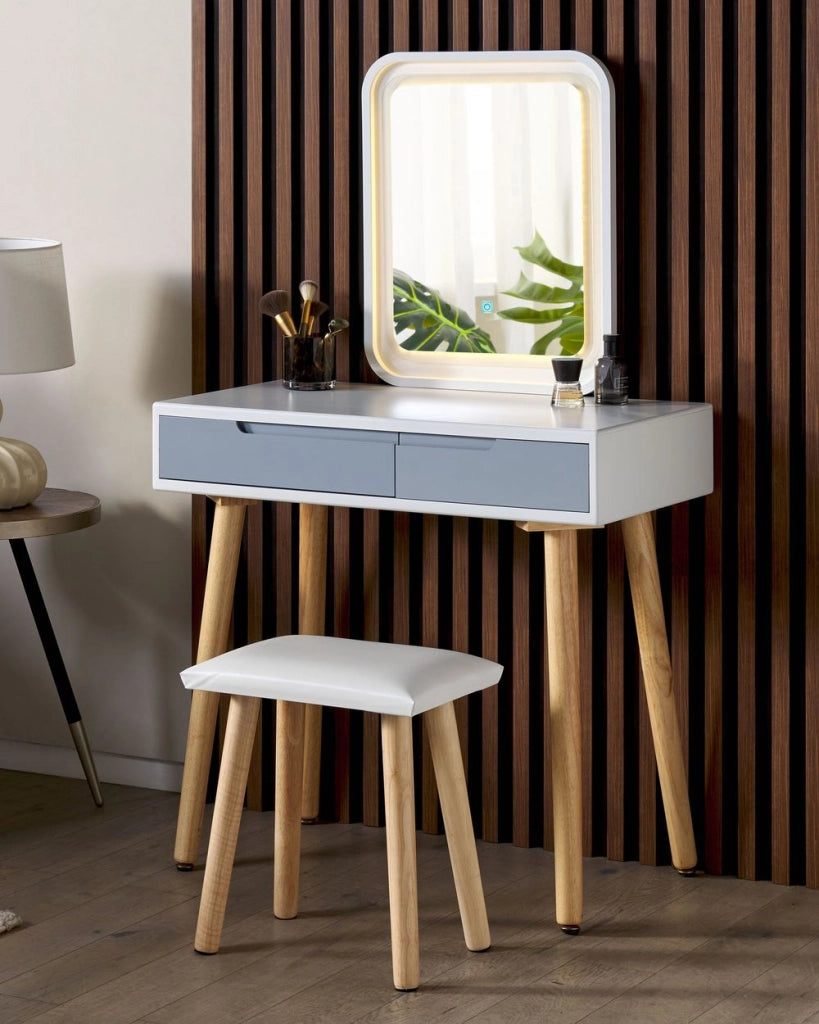 Set di tavolini da toilette Bianco Piano in legno di produzione Gambe in legno Specchio a LED con contenitore e 2 cassetti