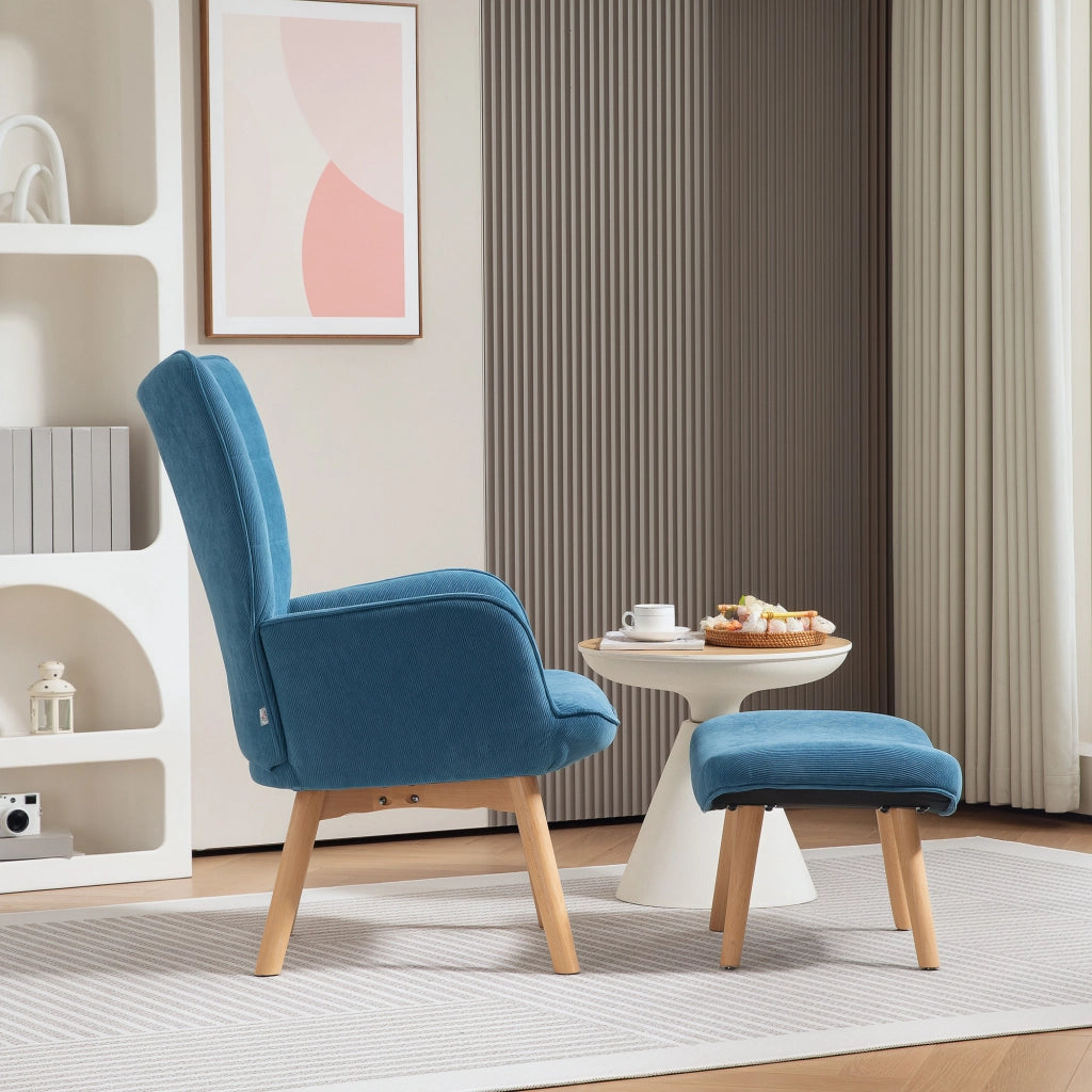 Poltrona Relax con Poggiapiedi in Cord ¨C Zephmum ¨C Blu, Gambe in Legno