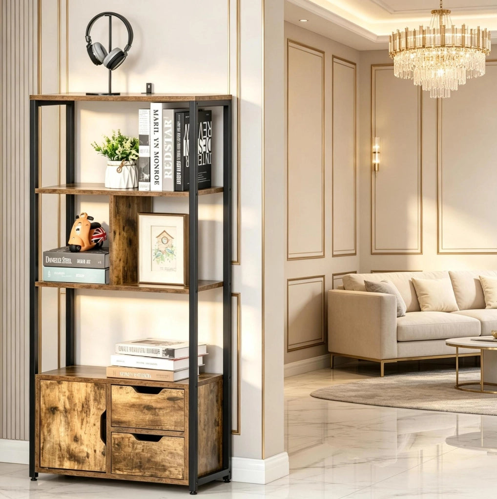 Libreria 58x24x122 cm nera e legno antico, acciaio con mobile e 2 cassetti