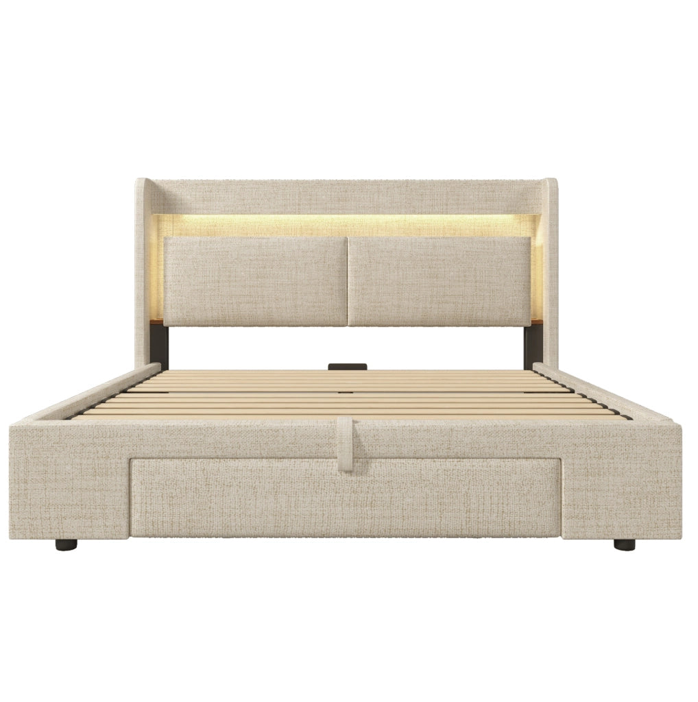 Letto imbottito 160x200 cm con vano contenitore idraulico; LED; USB e USB-C; lino beige
