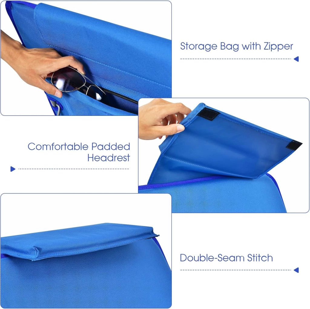 Set di 2 Materassi da Spiaggia Pieghevoli e Tavolino, Sedie a Sdraio da Spiaggia Regolabili in 5 Posizioni con Poggiatesta Rimovibile, Tasca per Giardino, Campeggio (Blu)