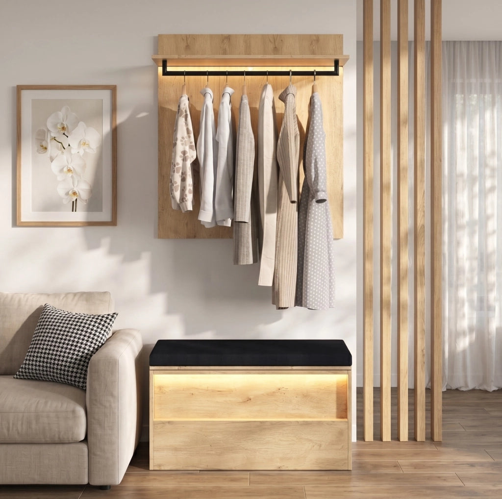 Set mobile ingresso con appendiabiti a parete e panca scarpiera LED 90x47x145 cm rovere HOMVRA