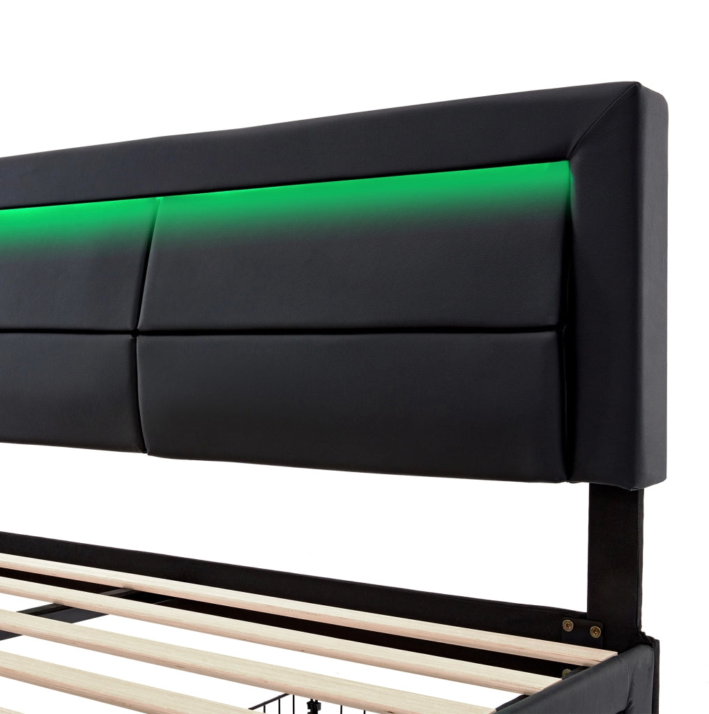 Letto imbottito nero 140 x 200 cm con ricarica, LED e 4 cassetti