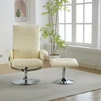 Poltrona relax, reclinabile e massaggiante a 5 punti, con funzione di riscaldamento elettrico e poggiapiedi, girevole a 360°, in tessuto PU, 75x76x103 cm, Beige