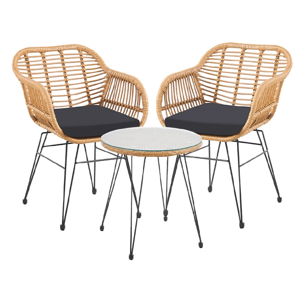 Set da Giardino Tavolino e 2 Poltrone in Rattan Nero e Naturale con Cuscini Casa Bar Hotel