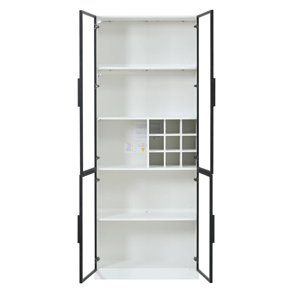 Vetrina con LED e portabottiglie con 2 ante in vetro per soggiorno o cucina in truciolare bianco 80 × 35 × 200 cm