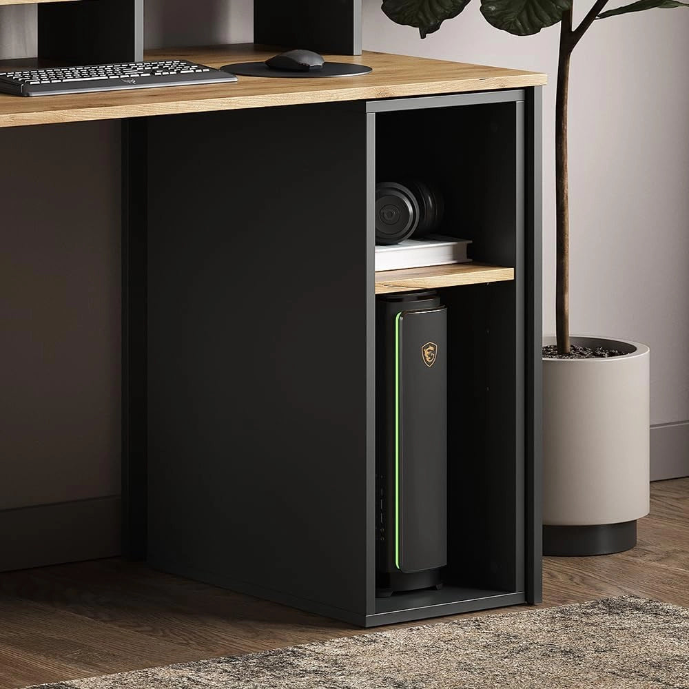 Mobiletto per PC Tomy, Antracite/quercia dorata, 28.5 x 50 cm 2 scomparti, con ruote e ripiano per accessori per computer