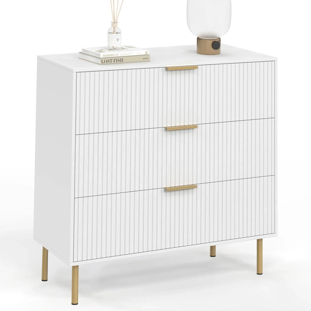 IDMarket - MARCEL Cassettone a 3 cassetti da 80 cm con doghe bianche e oro
