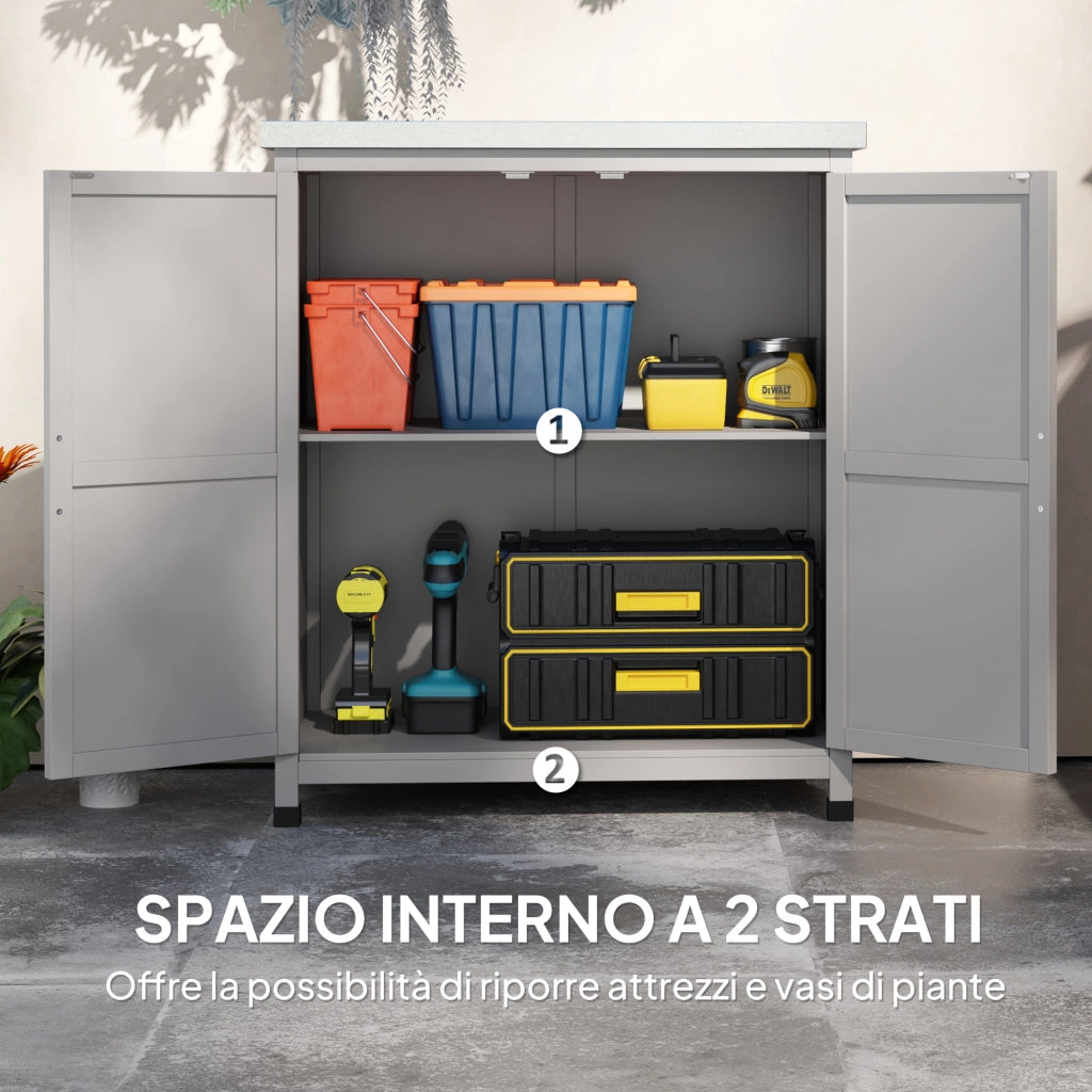 Armadio da Esterno con Ripiano e Banco da Lavoro in Legno e Acciaio. 79x43x92 cm. Grigio