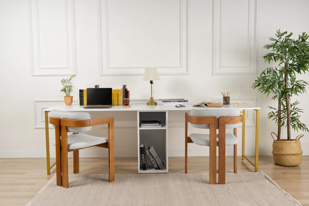 Scrivania in legno "Twin Study Desk" - 240 x 60 x 74 cm - Bianco oro