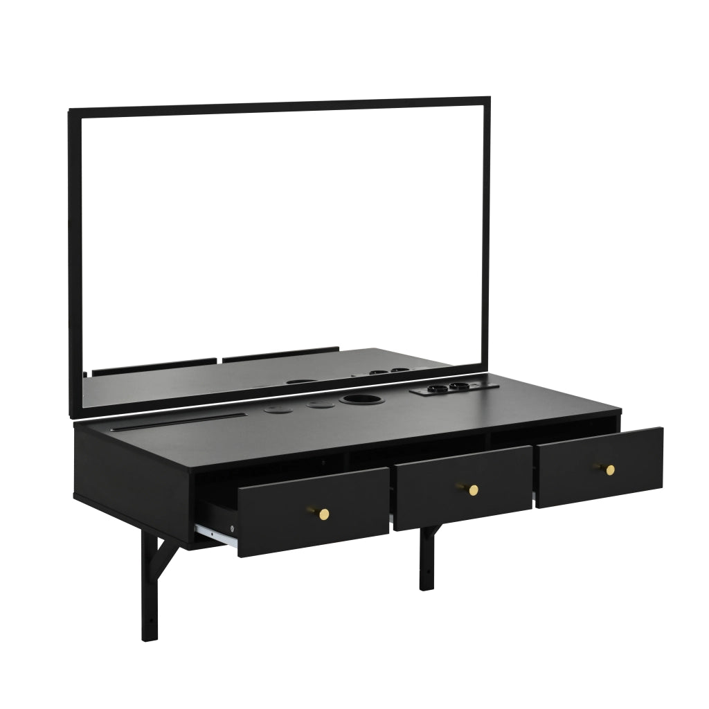 Toeletta con 3 cassetti; specchio e prese per camera da letto - 100x45x105 cm - nero