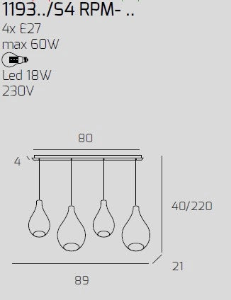 SOSP. CROMO 4 LUCI RETTANGOLARE VETRI (2 PICCOLI (1XAM+1XTR)+2 MEDI (1XAM+1XTR)) 1193CR-S4 RPM-TA