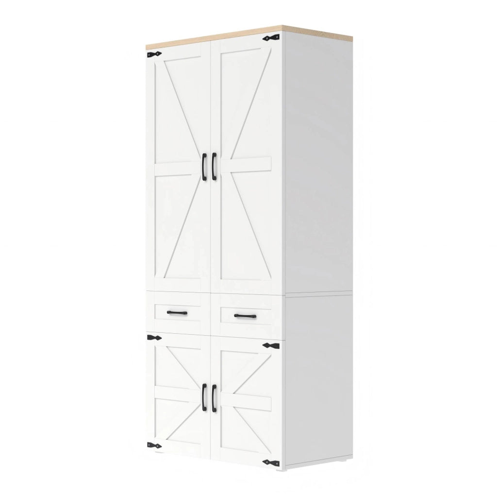 Armadio ULEVR 90x50x200 cm con 4 ante, 5 cassetti e 2 barre appendiabiti, MDF bianco stile rustico