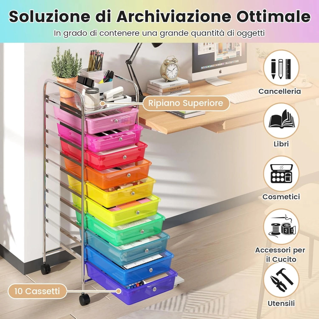 Carrello Portaoggetti con 10 Cassetti, Cassettiera con Ruote, Struttura in Metallo, Ruote Universali Bloccabili e Maniglia, Carrello Organizer per Casa, Ufficio (39 x 32 x 97 cm)