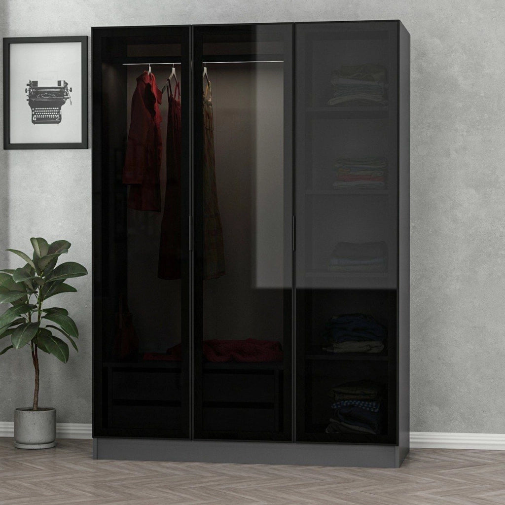Armadio Camera da Letto Gerrei, Guardaroba 3 Ante Appendiabiti, 135x52 cm Nero Antracite
