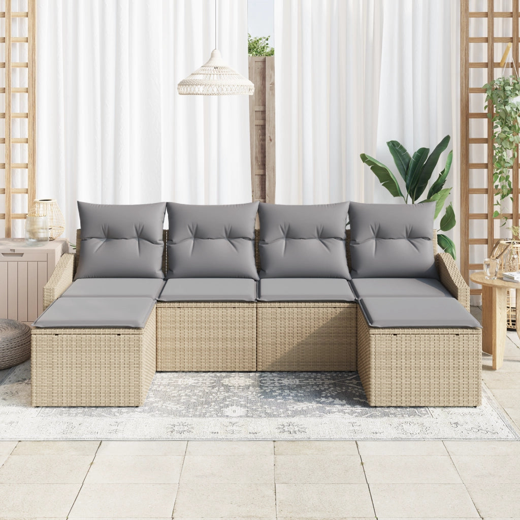 Set da Pranzo da Giardino 6 Pezzi con Cuscini Beige Polyrattan
