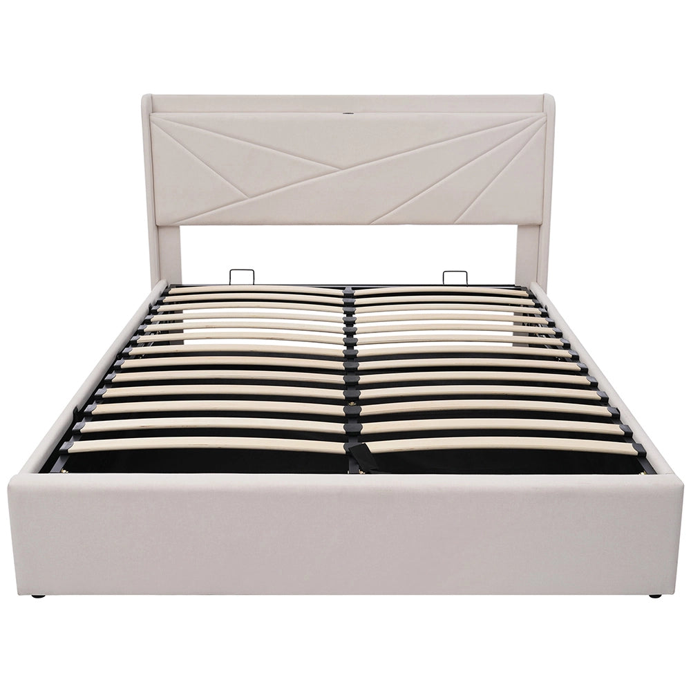 Letto a cassone imbottito - Xylo - 140x200 cm - Beige - Testiera con USB