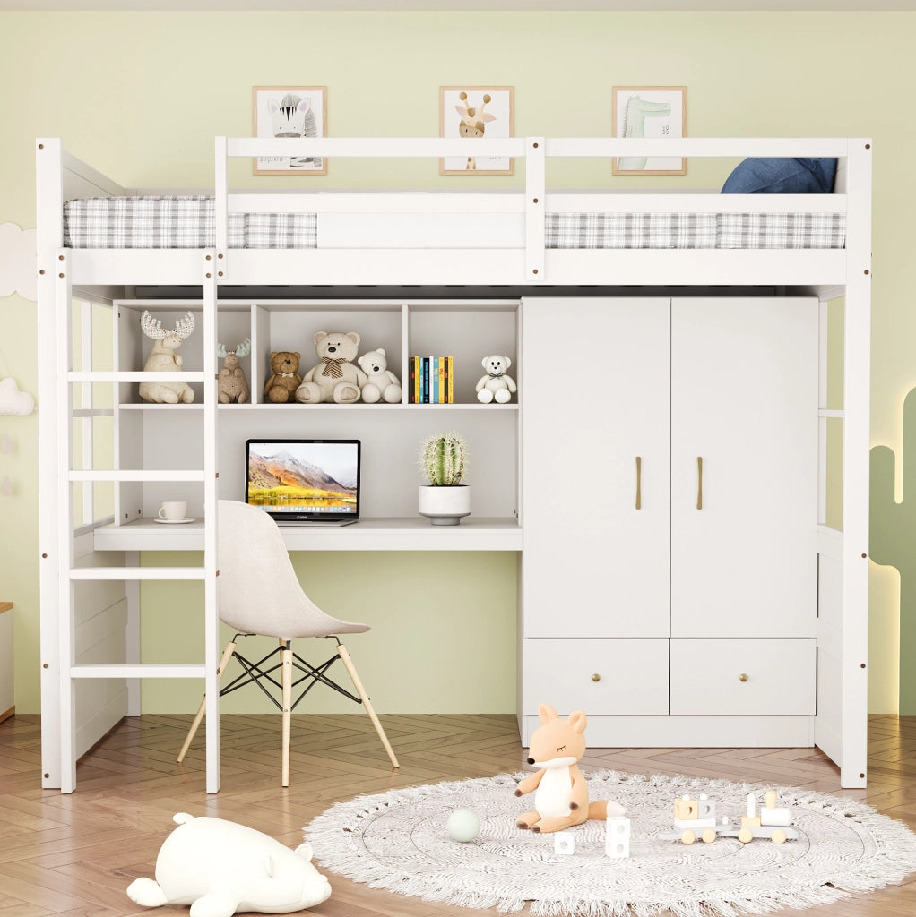 Letto a soppalco 90x200 cm con scrivania; armadio e cassetti in pino; MDF; bianco