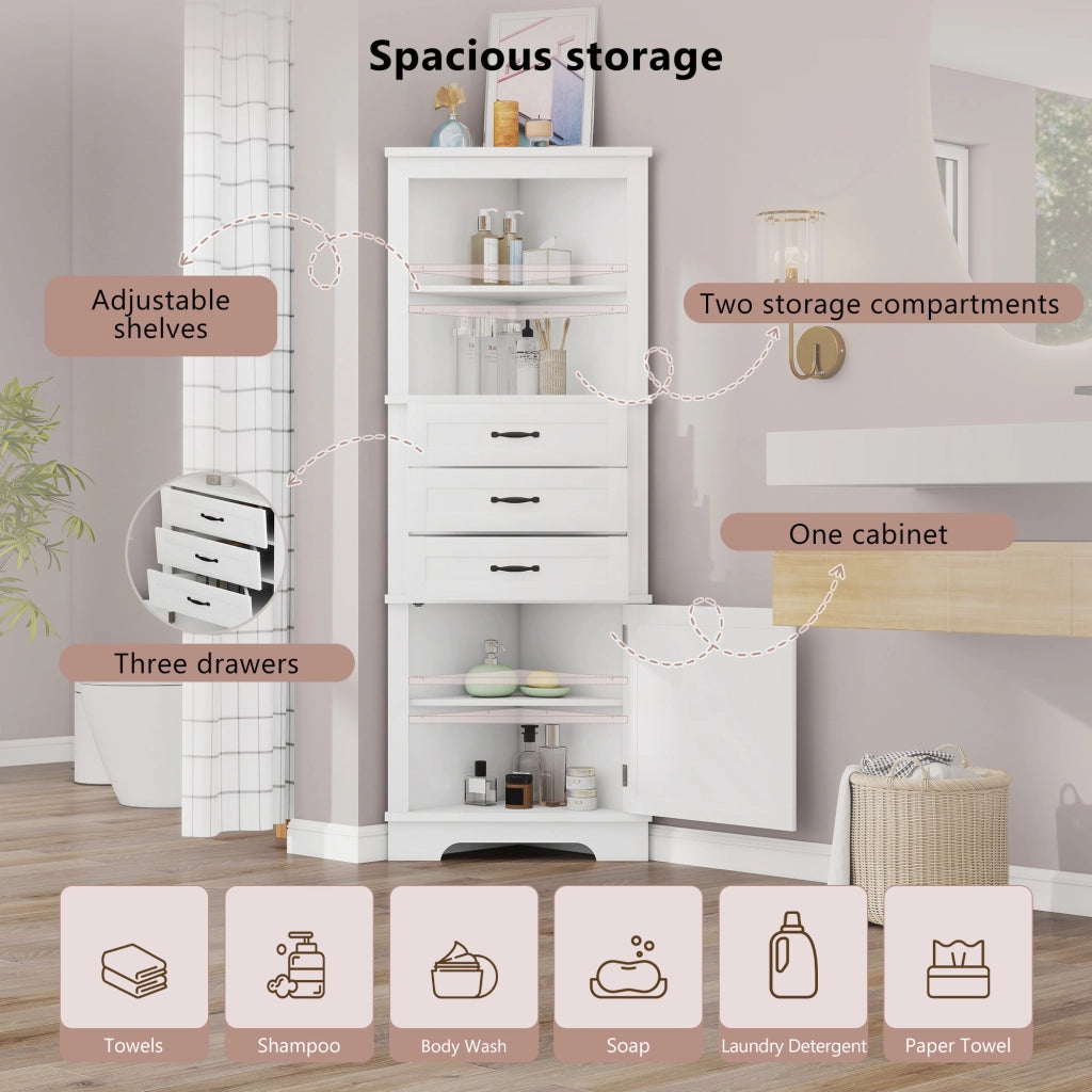 Armadietto da bagno angolare con 1 anta, 3 cassetti e ripiani regolabili in MDF bianco 57,7 × 46 × 167,5 cm