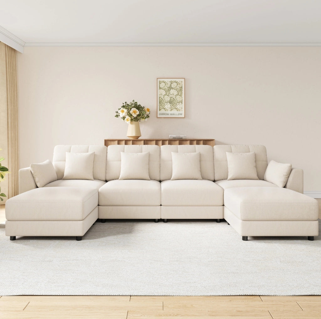 Divano modulare 6-7 posti con LED, 2 pouf e tavolini beige