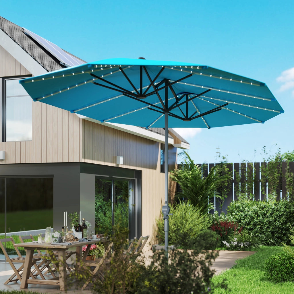 Doppio ombrello con luci solari; alluminio; poliestere; protezione UPF50+; resistente ai raggi; parasole da patio; blu