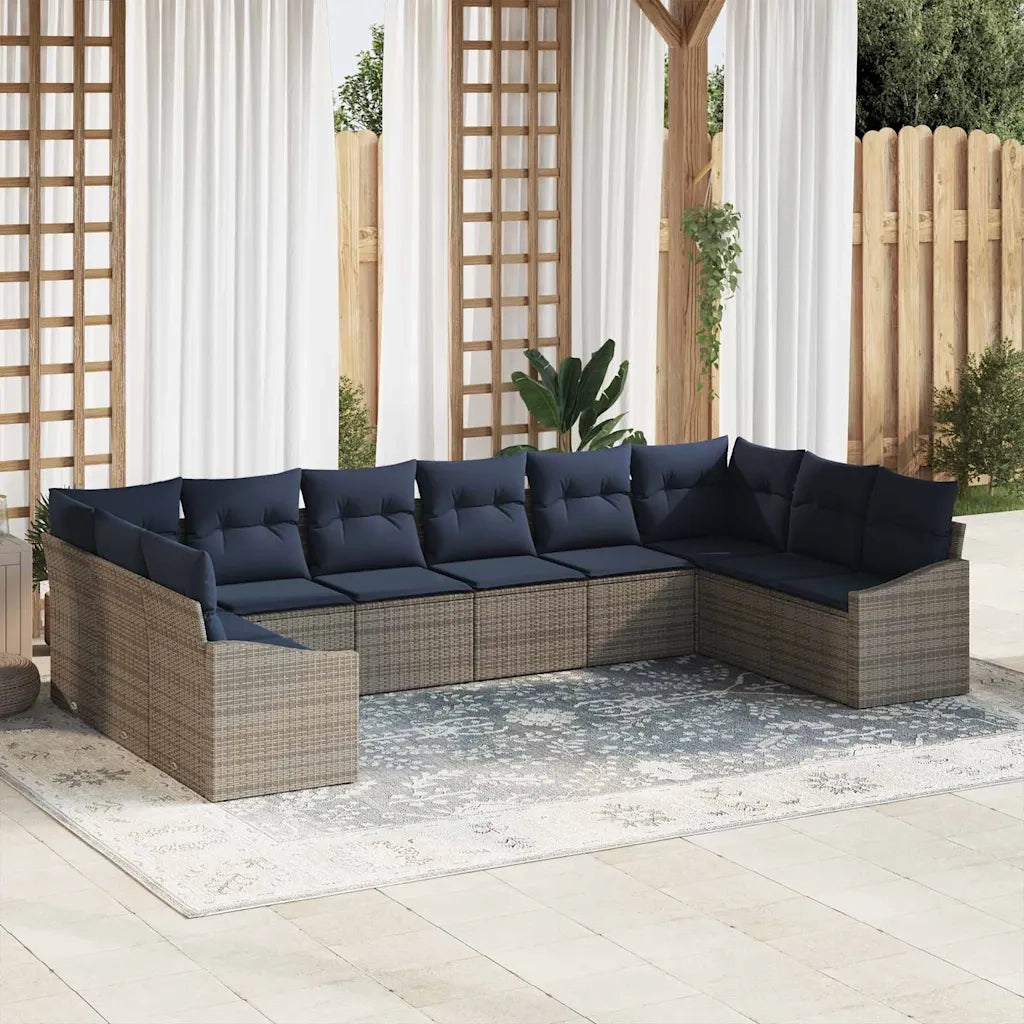 Set Divano da Giardino 10 pcs Grigio e Blu Navy polyrattan