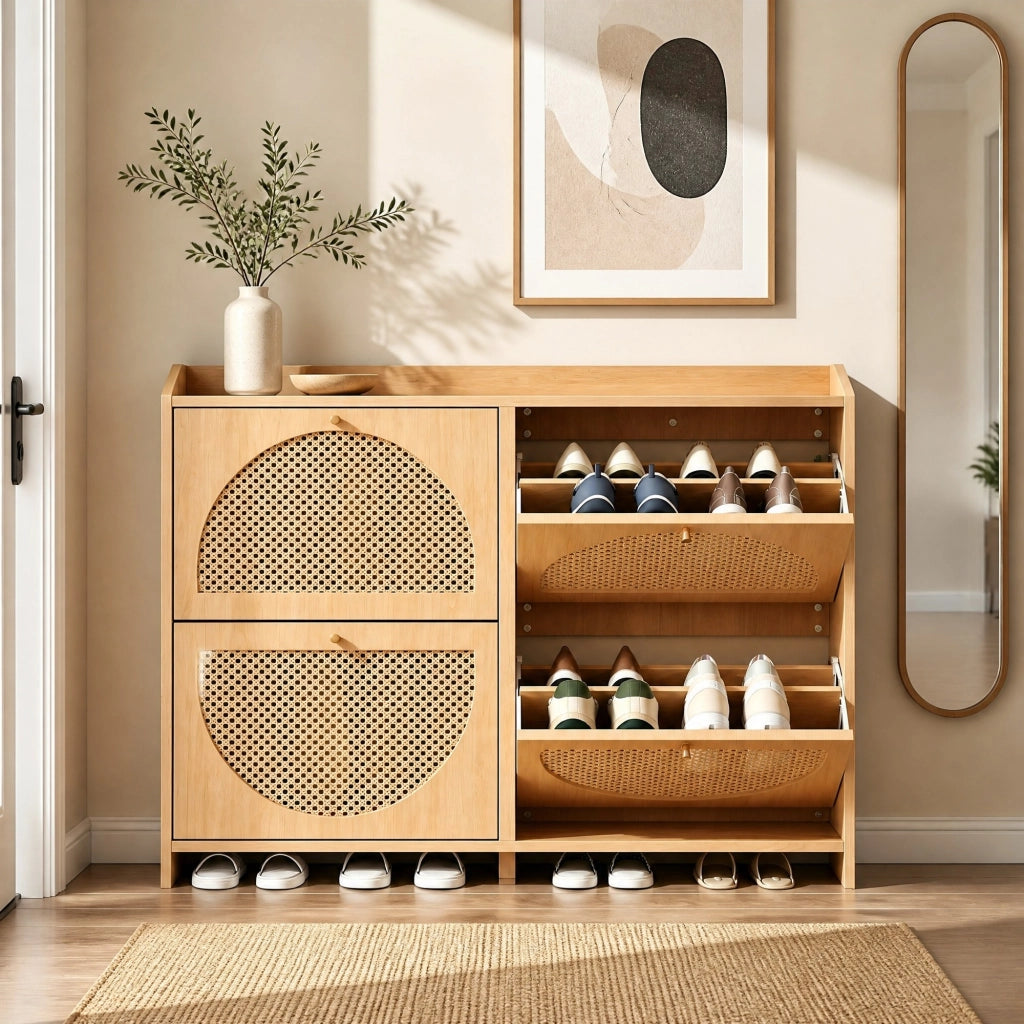 Scarpiera moderna 120¡Á24¡Á90 cm con 4 ante a ribalta, 8 scomparti, 2 ganci, struttura in MDF e ante in stile rattan, colore naturale