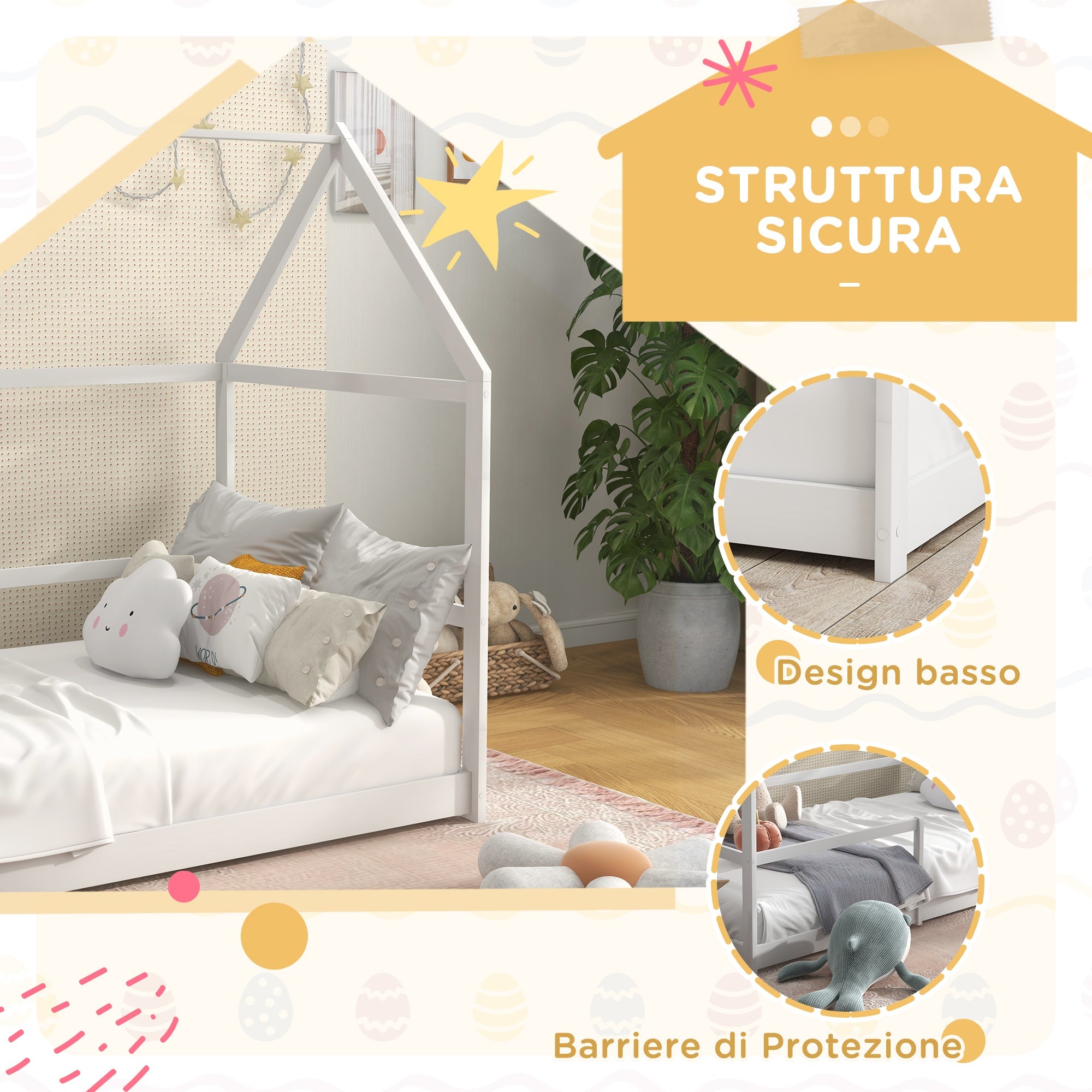 Letto per Bambini con Sponde di Protezione a Forma di Casetta 196x97,5x135 cm Bianco