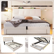 Letto contenitore 140x200 cm in lino beige con testiera; LED e porte USB-C