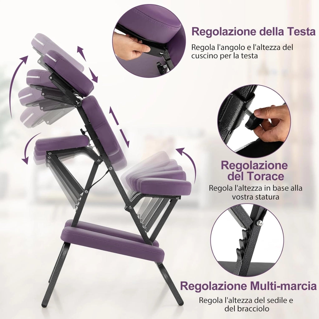Sedia da Massaggio Pieghevole e Leggera, per Viaggi Tatuaggi e SPA, Sedia da Massaggio con Altezza Regolabile con Poggiatesta e Borsa da Trasporto (Viola)