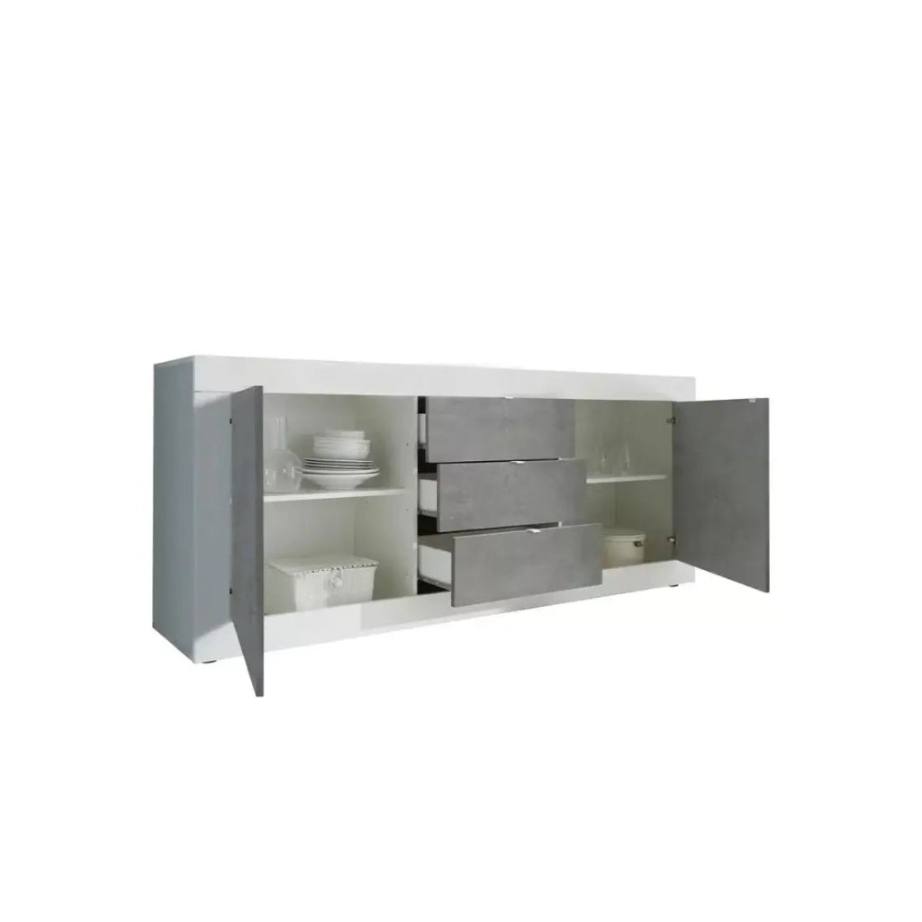 Buffet 2 porte e 3 cassetti, collezione ISORA, colore bianco e grigio effetto cemento