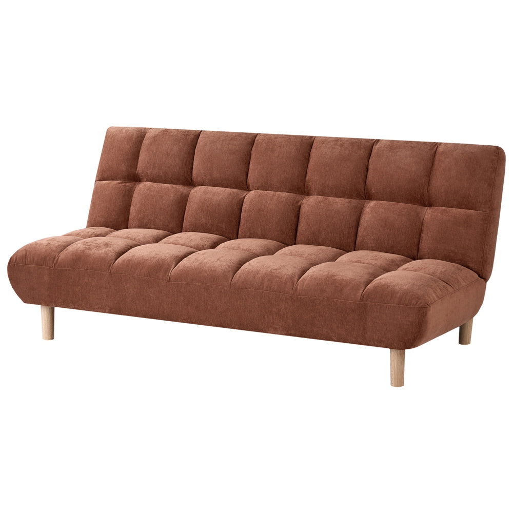 Divano letto marrone dorato rivestito in tessuto con gambe in legno 2 posti schienale trapuntato seduta imbottita design moderno senza braccioli