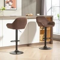 Set di 2 Sgabelli da Bar Girevoli Altezza Regolabile 87-107 cm Rivestiti in Velluto Schienale e Poggiapiedi Marrone