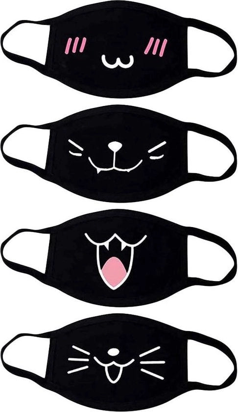 Maschera da cartone animato Unisex in cotone Anti- polvere Moda Kawaii ombreggiata protezione solare riciclabile emoticon maschera nera - Set da 4 con disegno