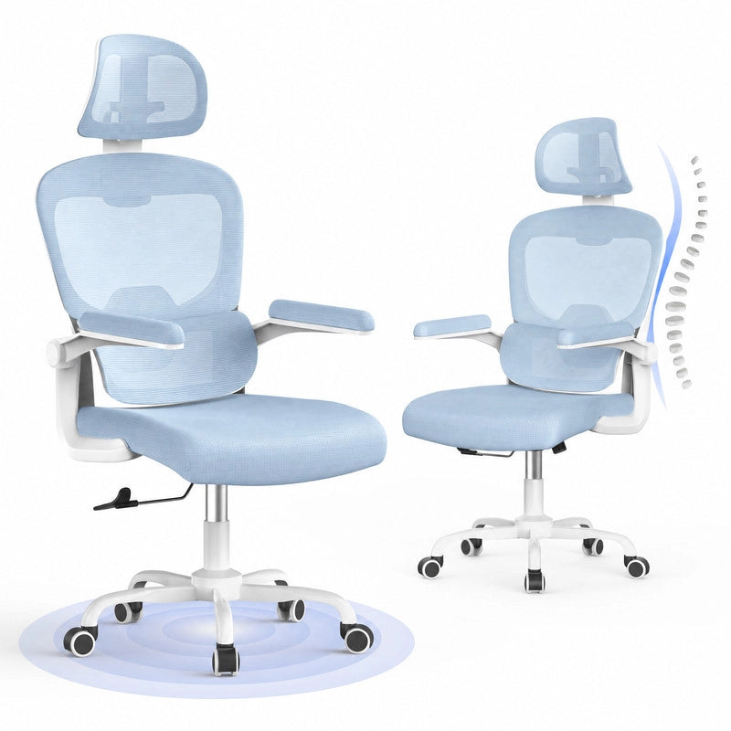 Sedia da ufficio ergonomica - Poltrona HAMLODY - con braccioli pieghevoli a 90° - Supporto lombare - Regolabile in altezza Blu