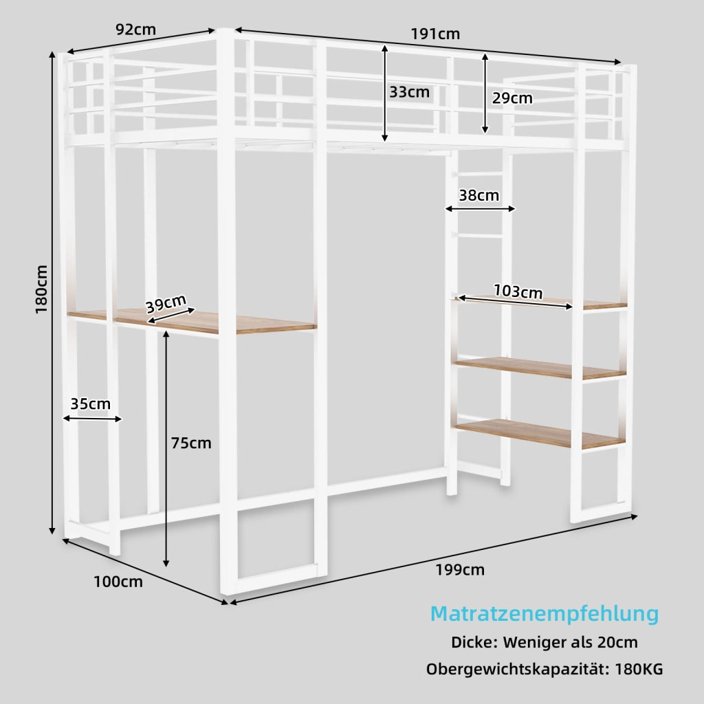 Letto a Soppalco Singolo 90x190 cm con Scrivania; Scala Laterale; Ferro Bianco