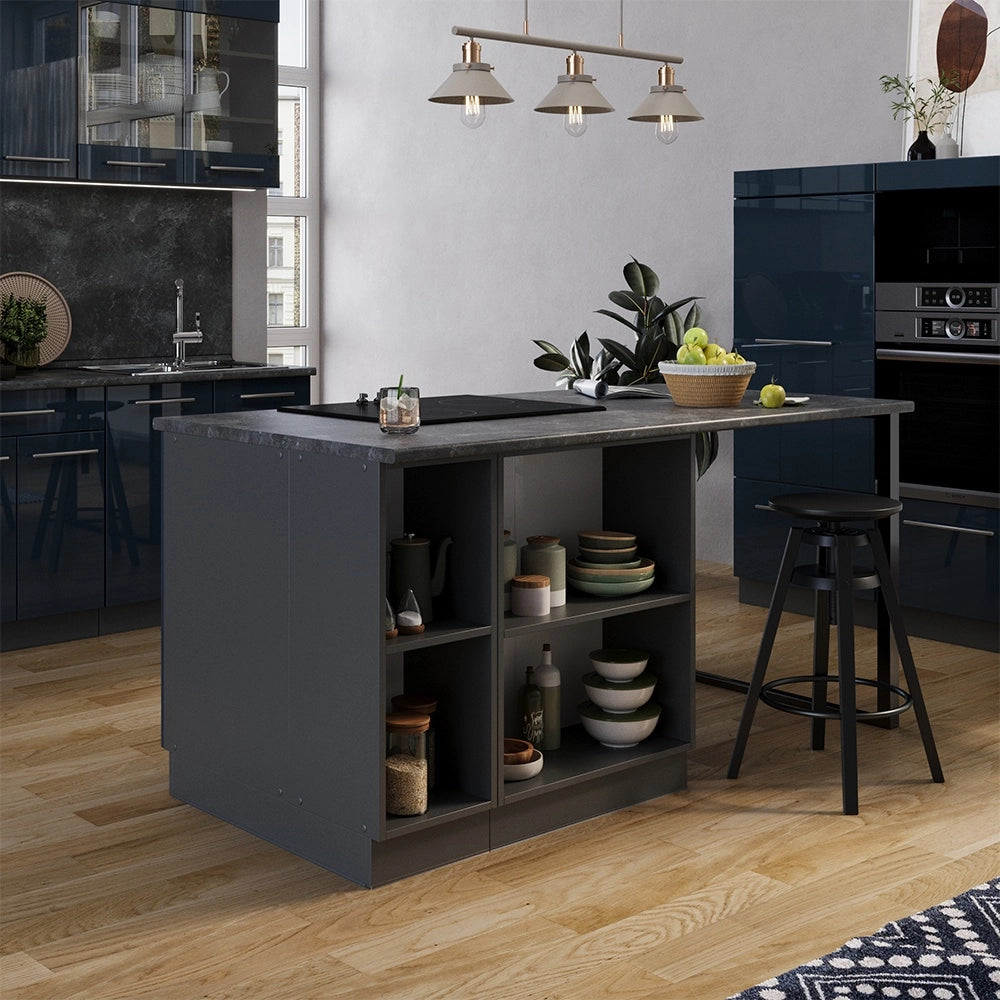 Armadi da cucina Fame-Line Blu scuro lucido/Antracite 90 cm con cassetto, senza piano di lavoro Vicco
