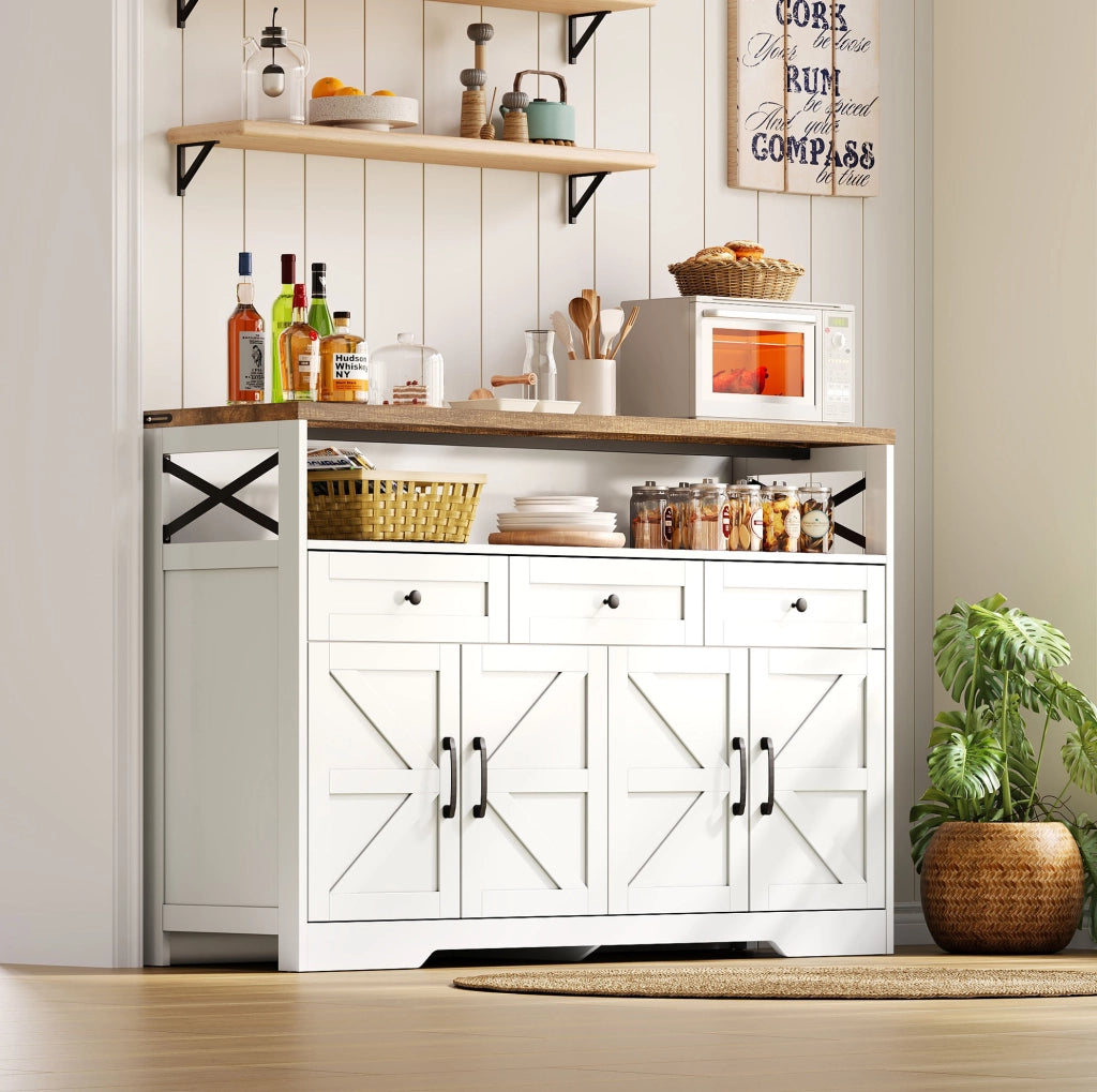 Credenza rustica con 3 cassetti e vani contenitori, 140 cm