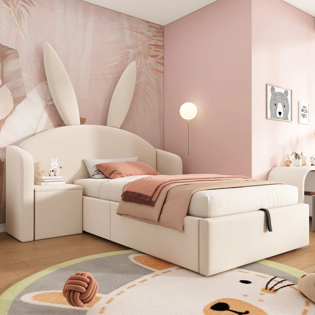 Letto per bambini 90x200 cm, letto idraulico con contenitore, testiera imbottita, forma a orecchie di coniglio, tessuto in velluto, beige